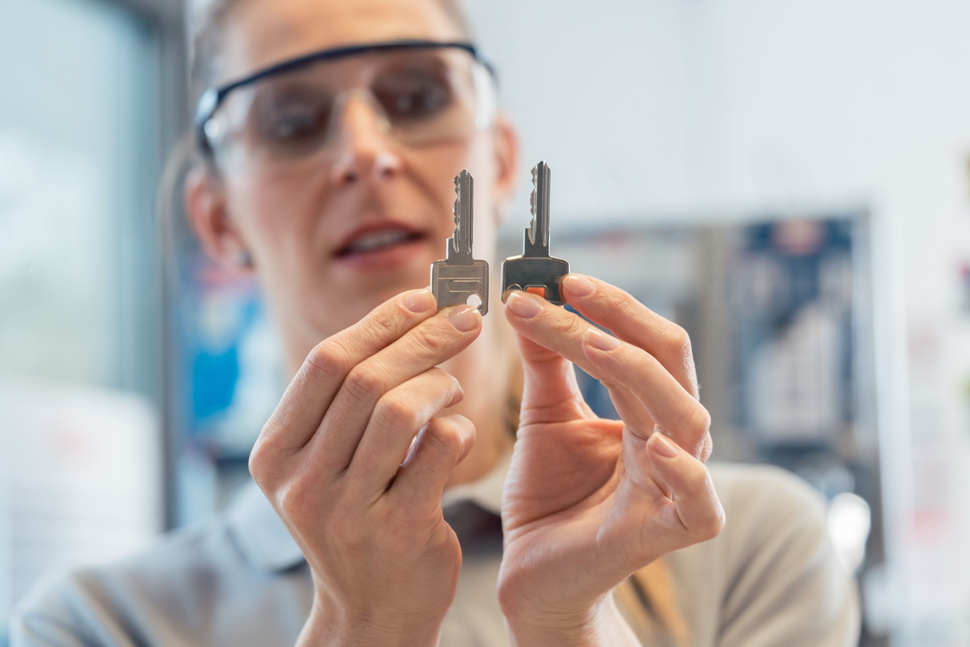 Woman at key cutter shop looking at blanks